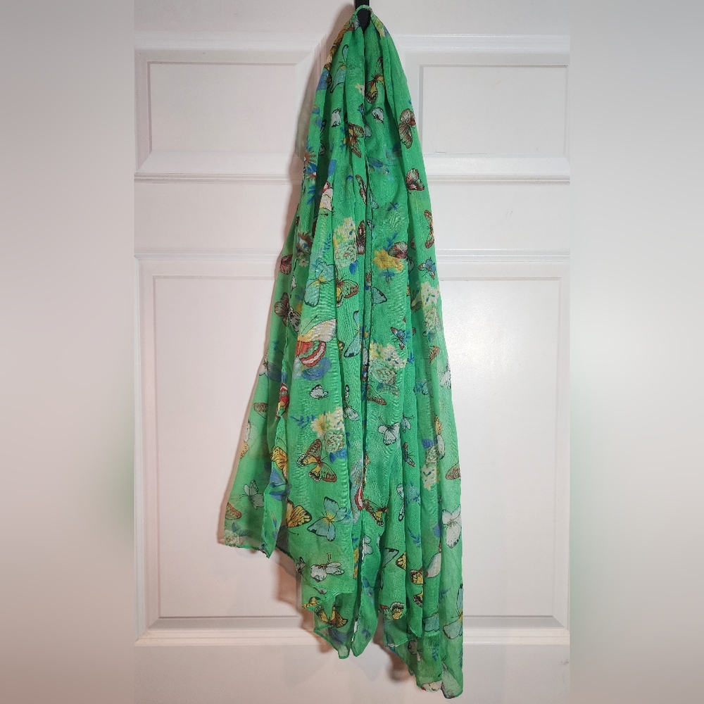 Green Sheer Floral Butterfly Print Scarf